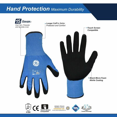 Ge Foam Nitrile Black Dipped Gloves, 13GA, 1 Pair, XL GG231XLC